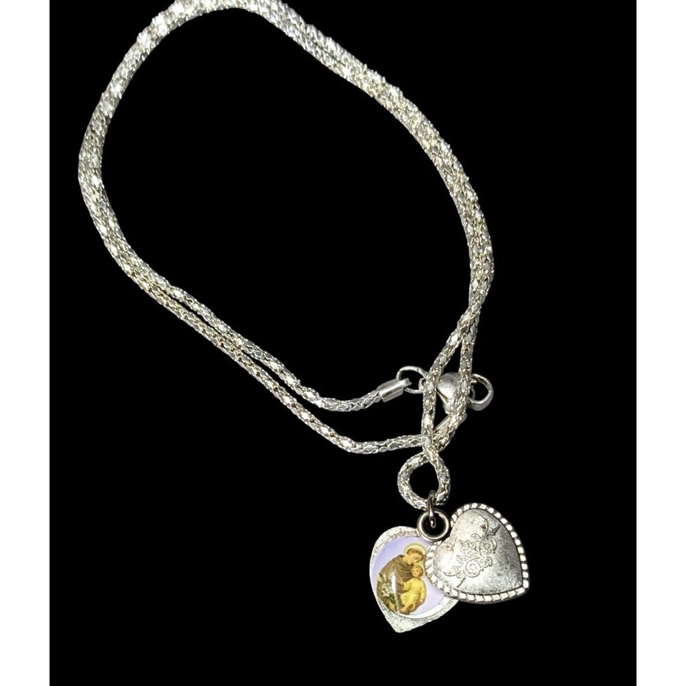 Vintage Religious Saint Anthony Pray For Me Heart Slide Locket Necklace